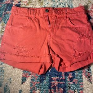 coral denim ripped shorts